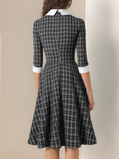 Plaid Collar Bow Tie 3/4 Sleeve Midi A-Line Dress