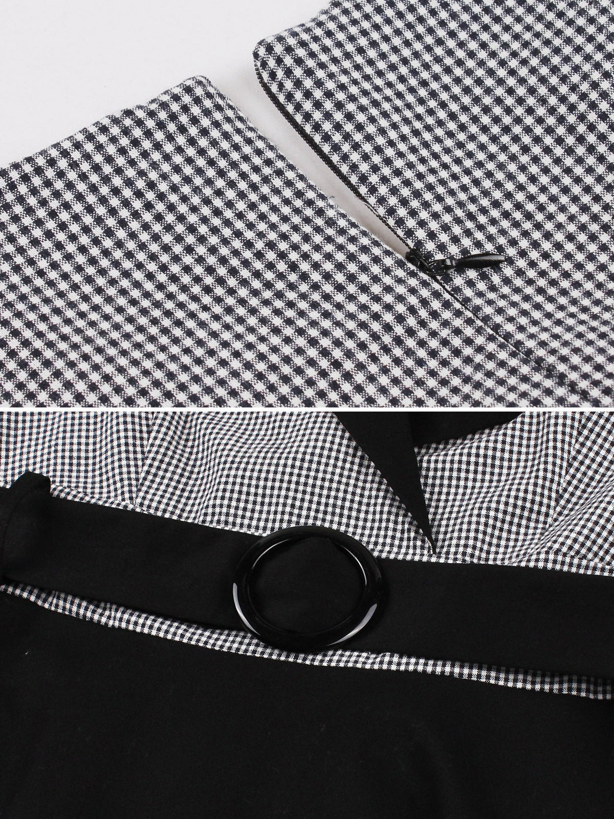 Vintage 3/4 Puff Sleeves Collared Gingham Patchwork Belted A-Line Midi Dress