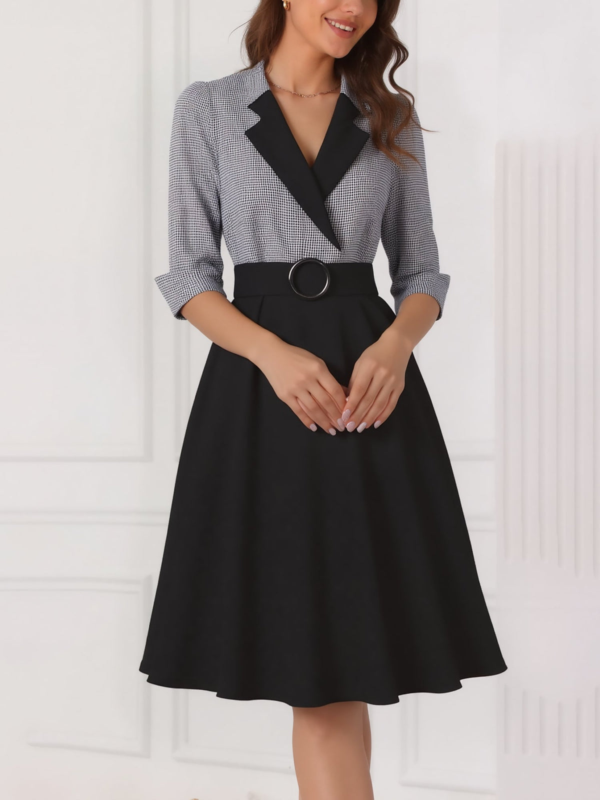 Vintage 3/4 Puff Sleeves Collared Gingham Patchwork Belted A-Line Midi Dress