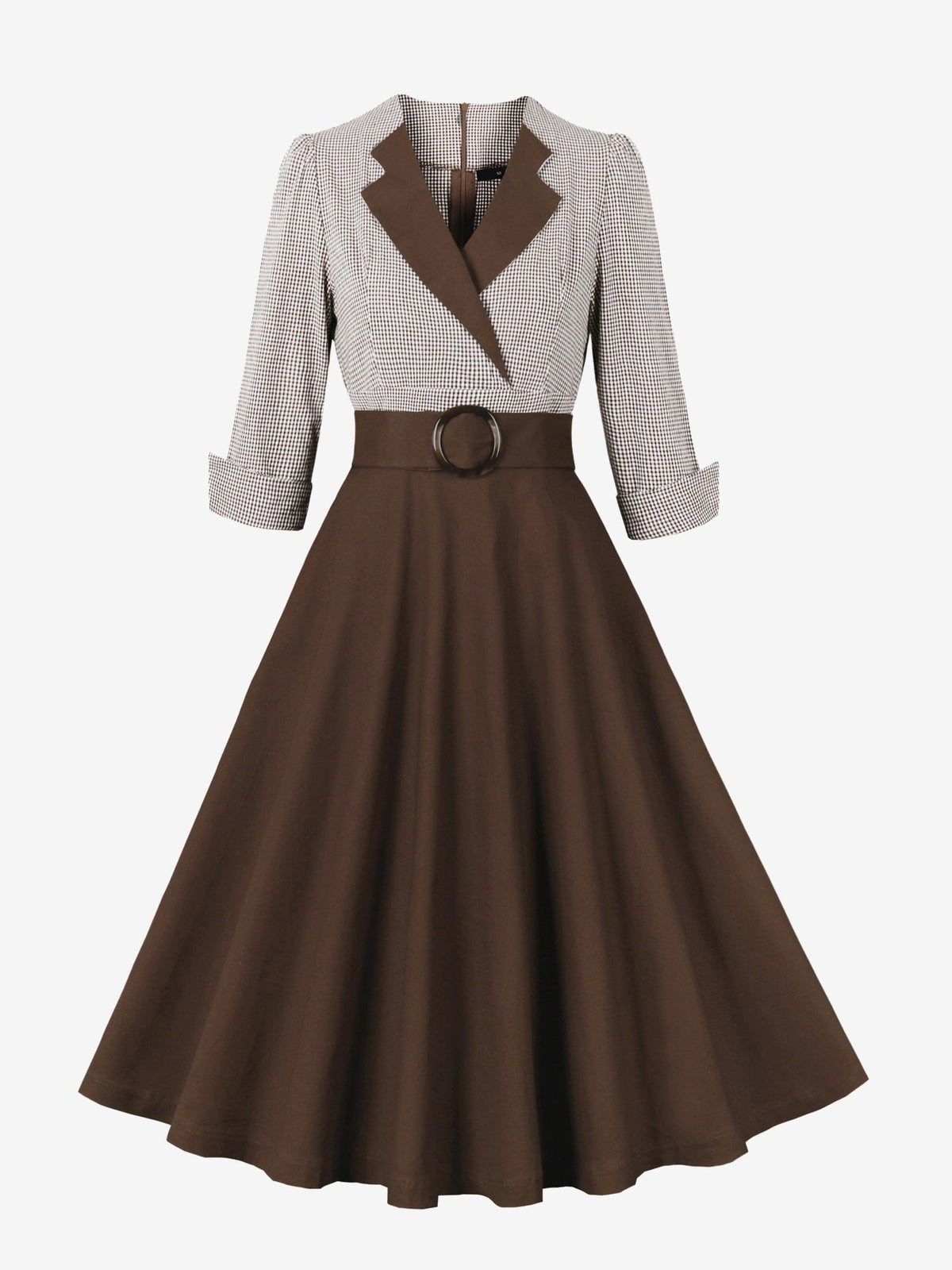 Vintage 3/4 Puff Sleeves Collared Gingham Patchwork Belted A-Line Midi Dress
