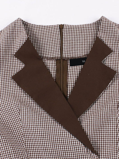 Vintage 3/4 Puff Sleeves Collared Gingham Patchwork Belted A-Line Midi Dress