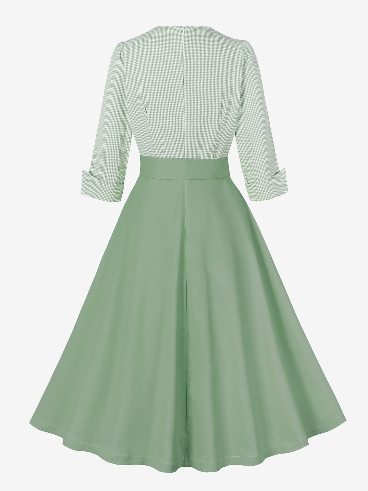 Vintage 3/4 Puff Sleeves Collared Gingham Patchwork Belted A-Line Midi Dress