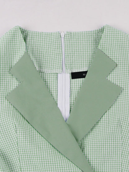 Vintage 3/4 Puff Sleeves Collared Gingham Patchwork Belted A-Line Midi Dress