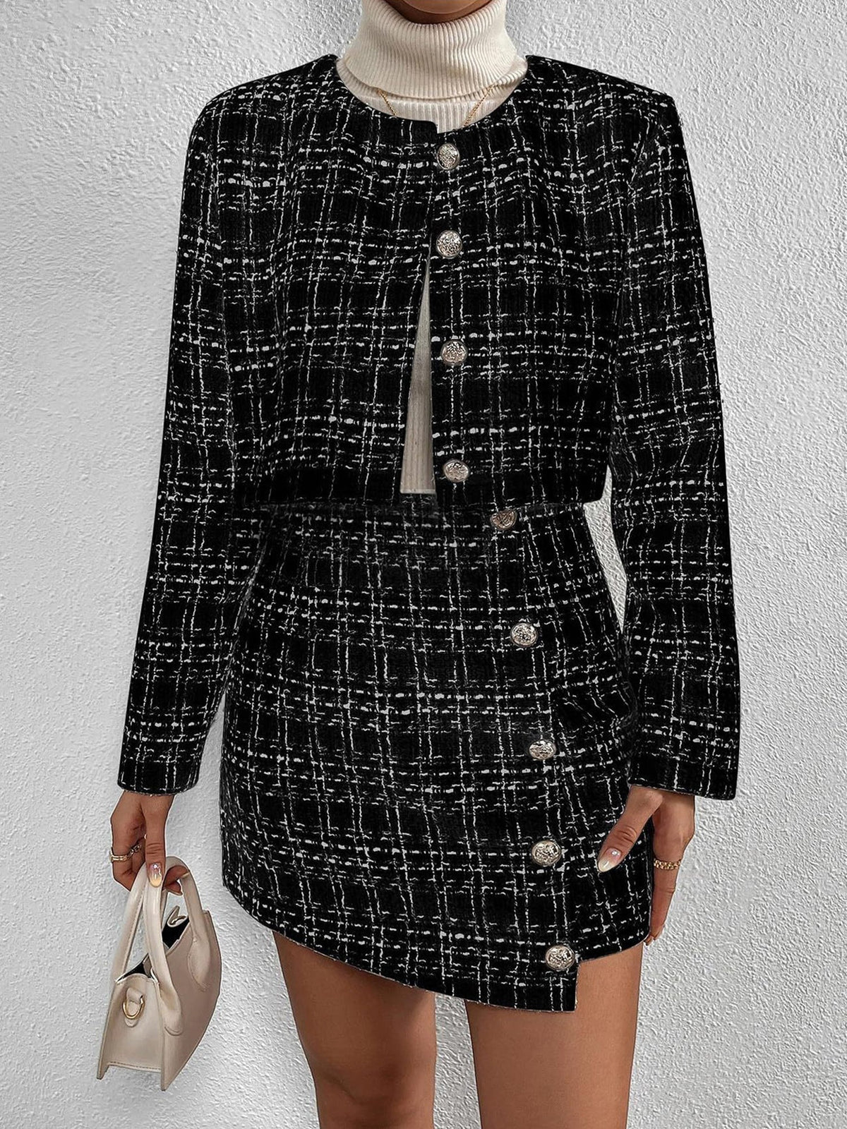 2 Pieces Plaid Tweeed Cropped Jacket & Mini Button Decor Skirt Set