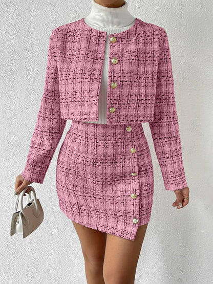 2 Pieces Plaid Tweeed Cropped Jacket & Mini Button Decor Skirt Set