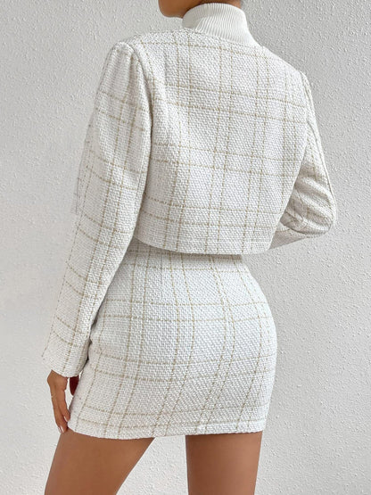 2 Pieces Plaid Tweeed Cropped Jacket & Mini Button Decor Skirt Set