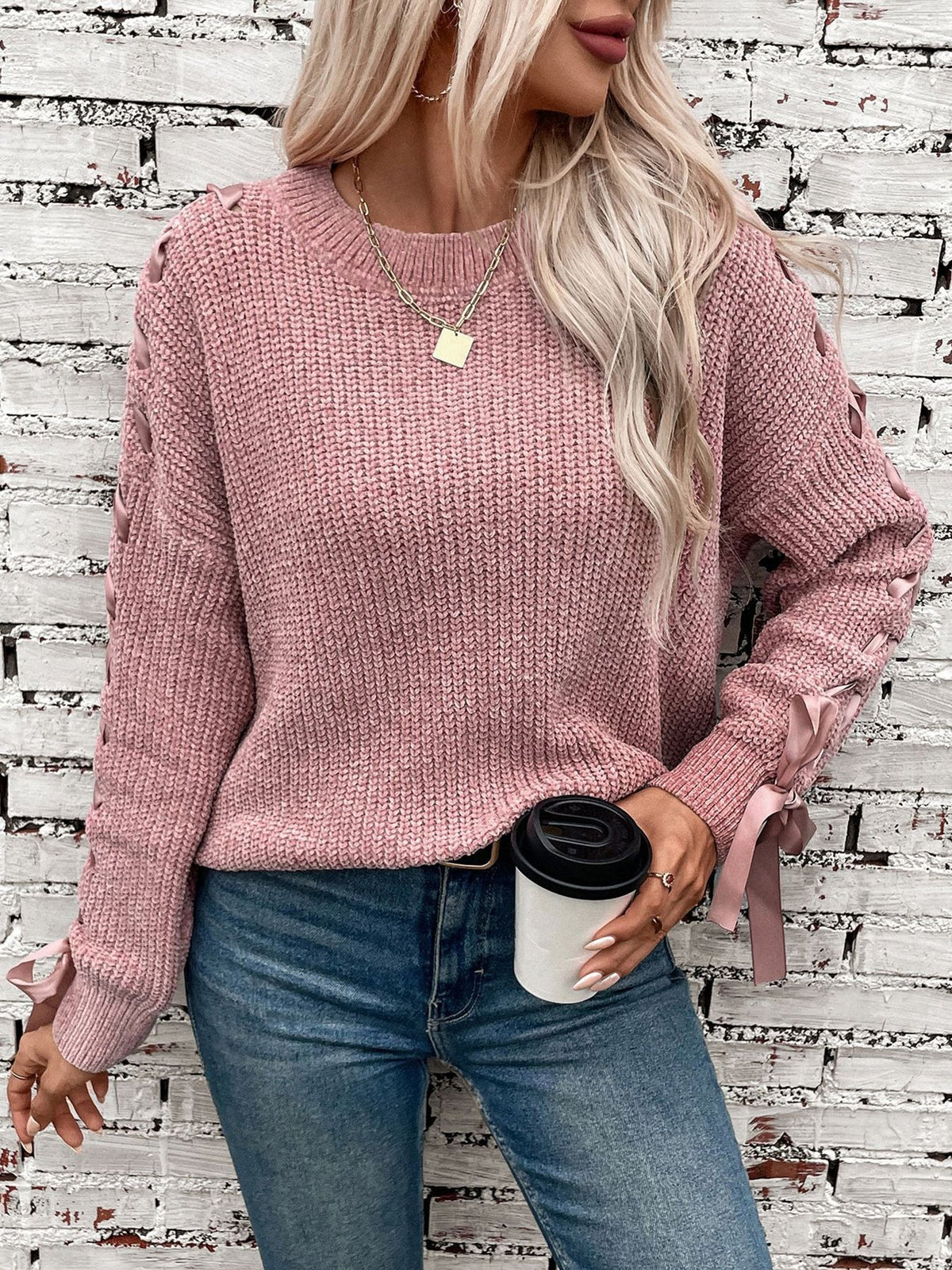 Crew Neck Lace-Up Bow Long Sleeves Sweater