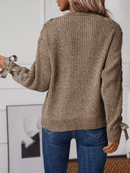 Crew Neck Lace-Up Bow Long Sleeves Sweater