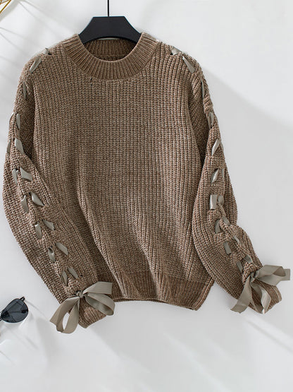 Crew Neck Lace-Up Bow Long Sleeves Sweater