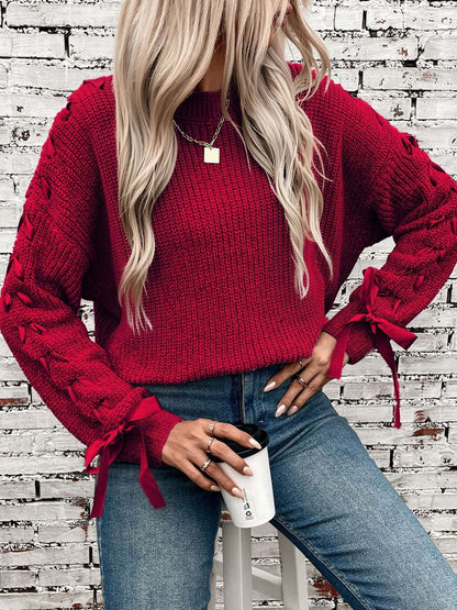 Crew Neck Lace-Up Bow Long Sleeves Sweater