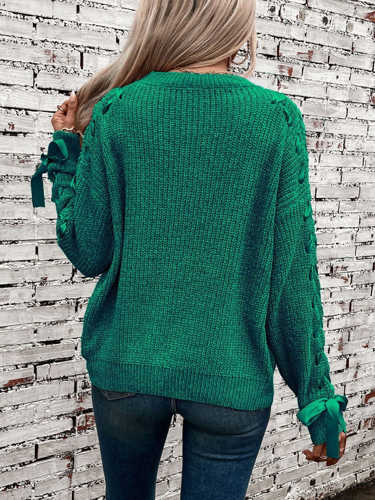 Crew Neck Lace-Up Bow Long Sleeves Sweater
