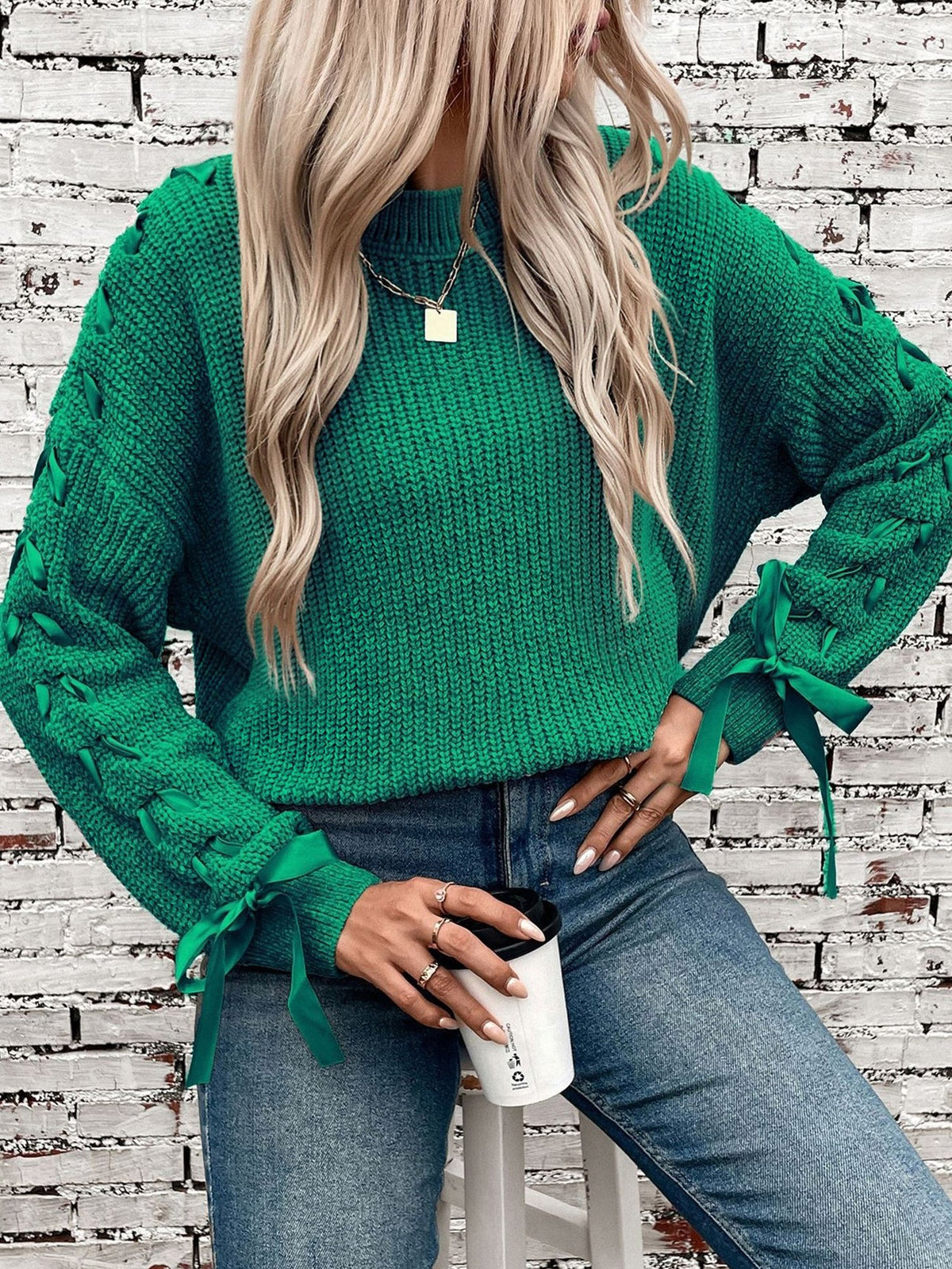 Crew Neck Lace-Up Bow Long Sleeves Sweater