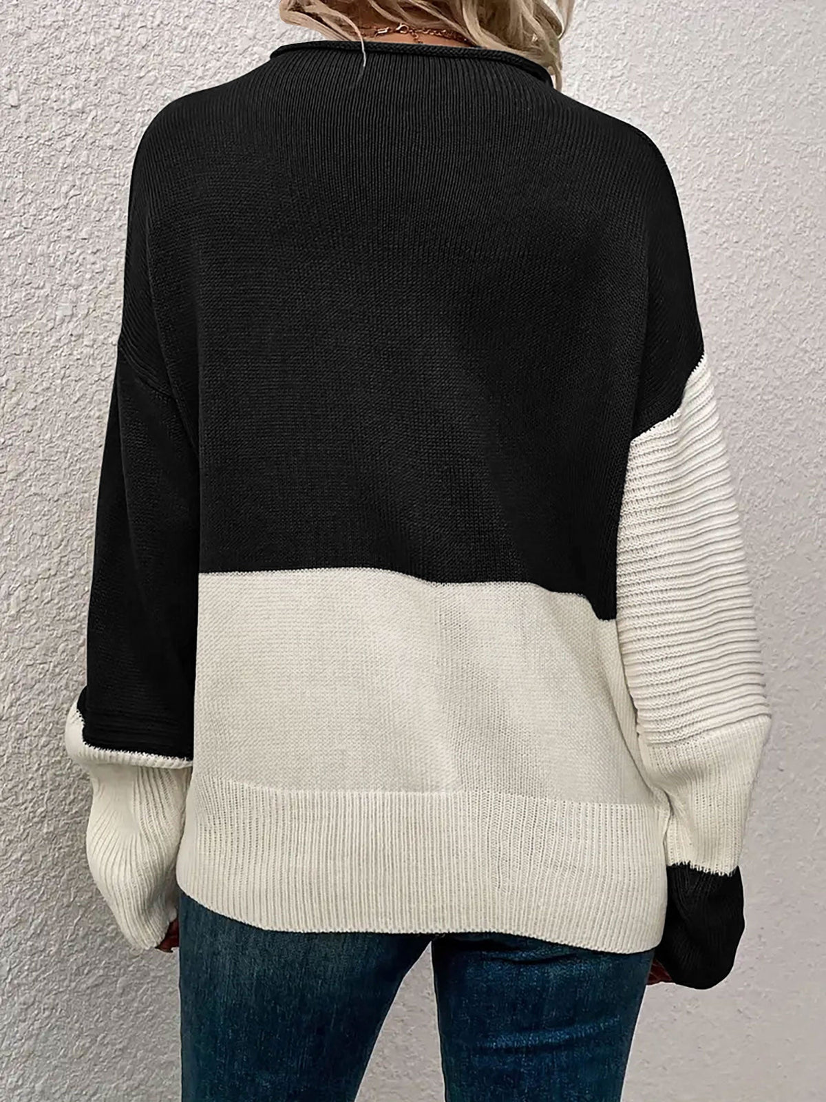 Crew Neck Colorblock Drop Shoulder Long Sleeves Sweater