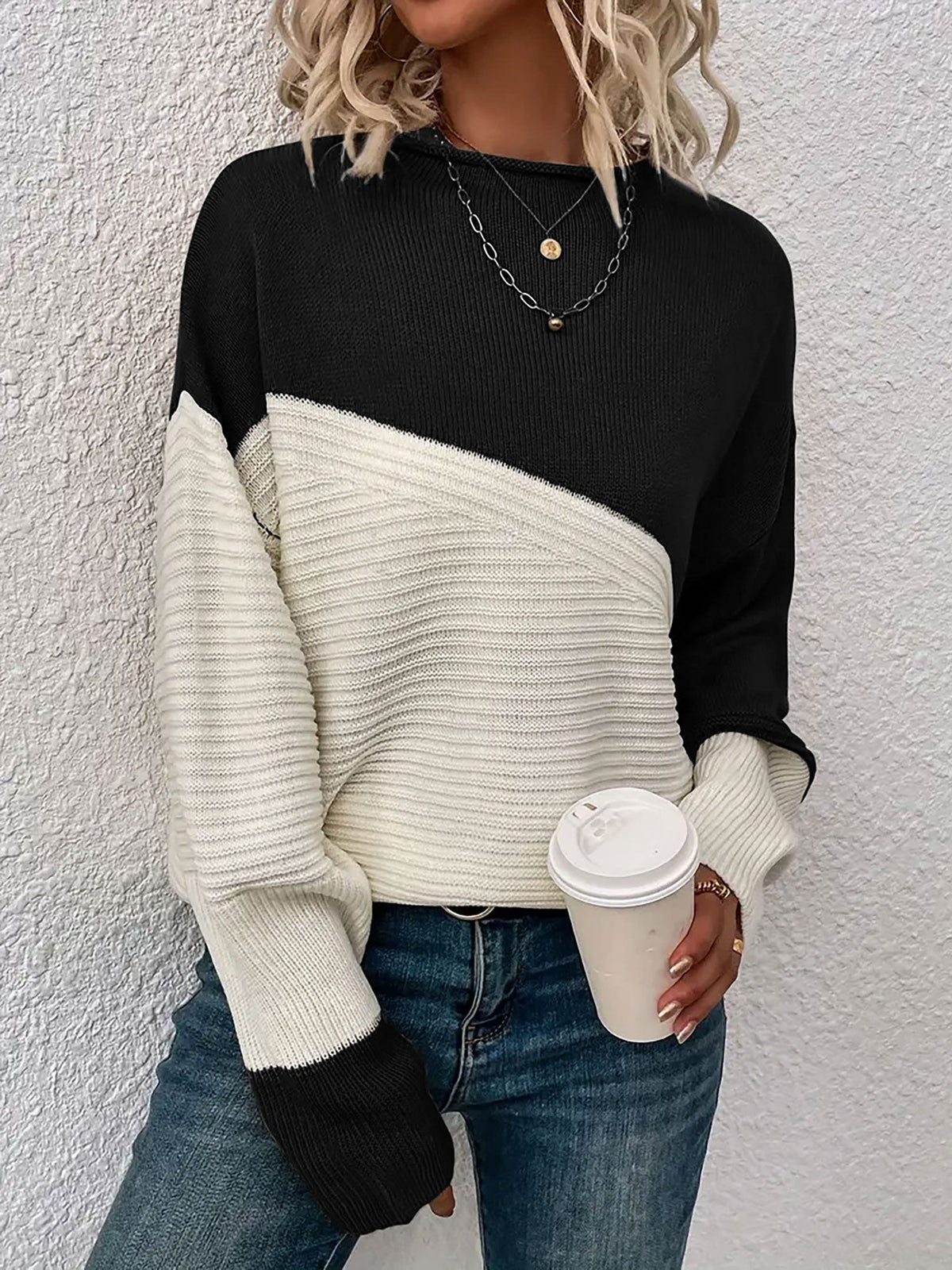 Crew Neck Colorblock Drop Shoulder Long Sleeves Sweater