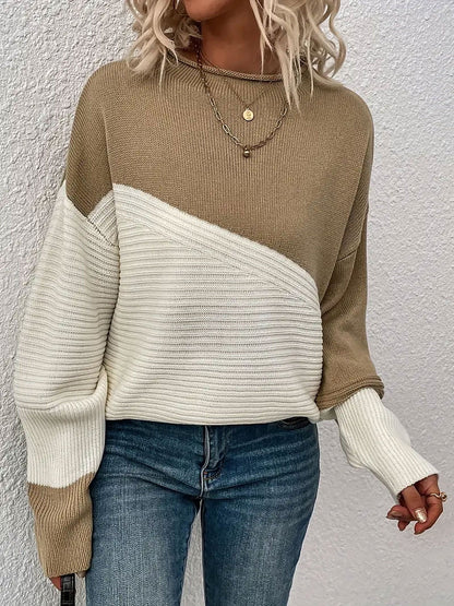 Crew Neck Colorblock Drop Shoulder Long Sleeves Sweater