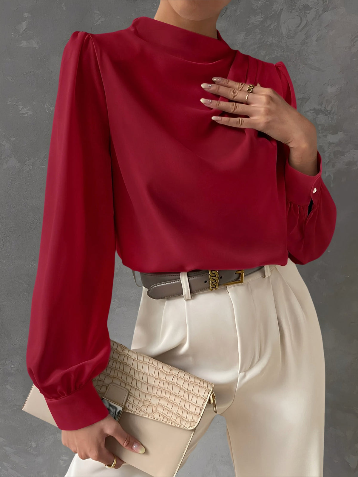 Satin Mock Neck Ruched Puff Sleeves Work Blouse