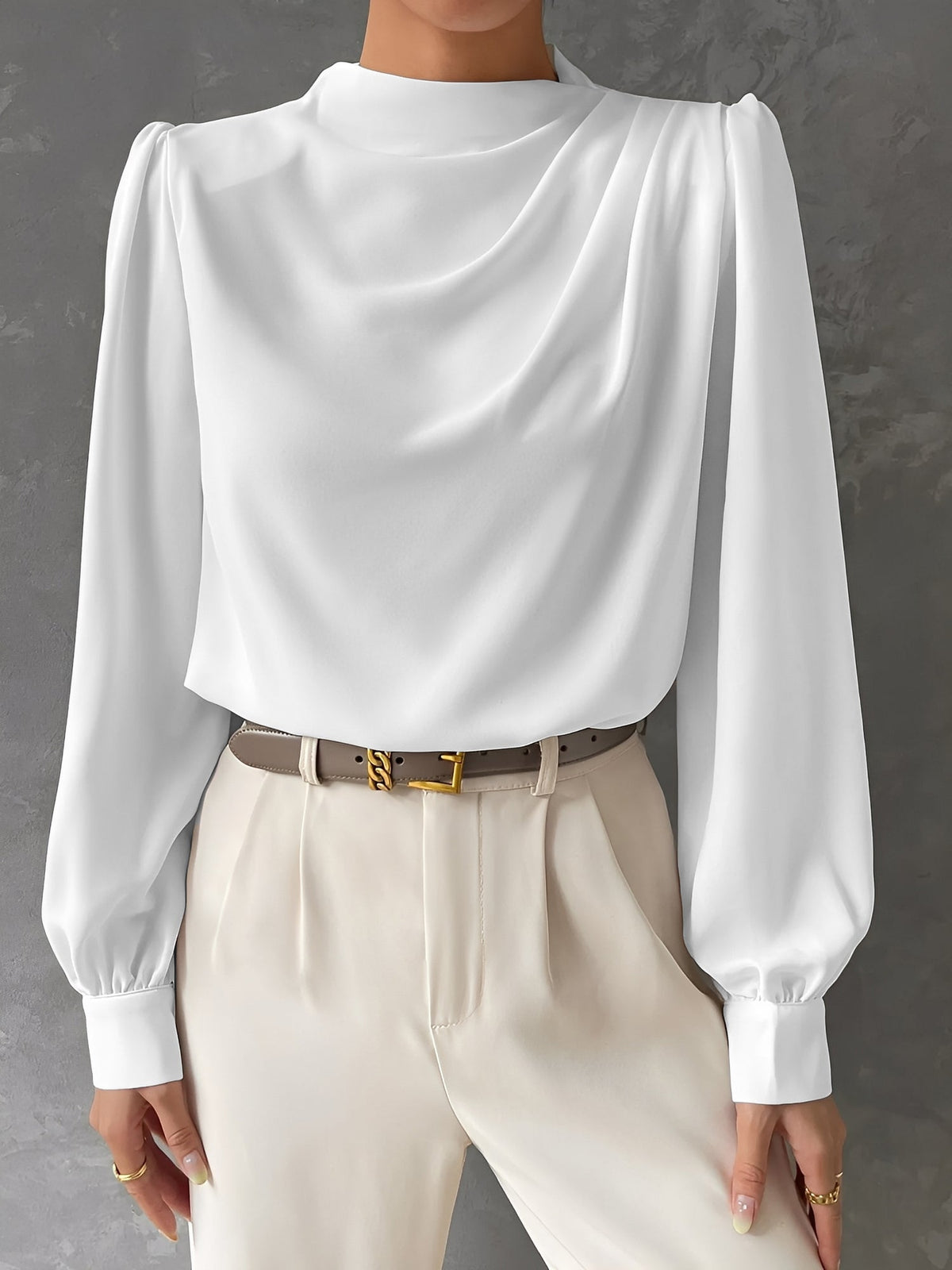 Satin Mock Neck Ruched Puff Sleeves Work Blouse