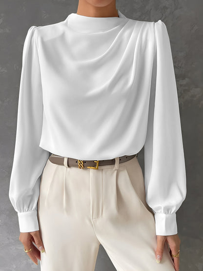 Satin Mock Neck Ruched Puff Sleeves Work Blouse