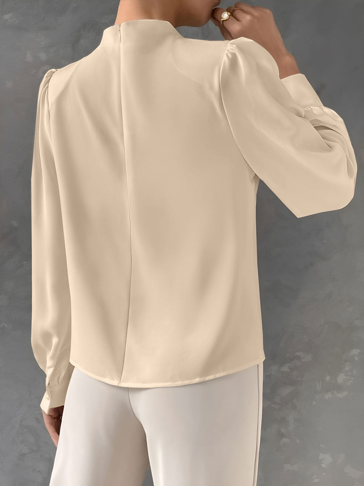 Satin Mock Neck Ruched Puff Sleeves Work Blouse
