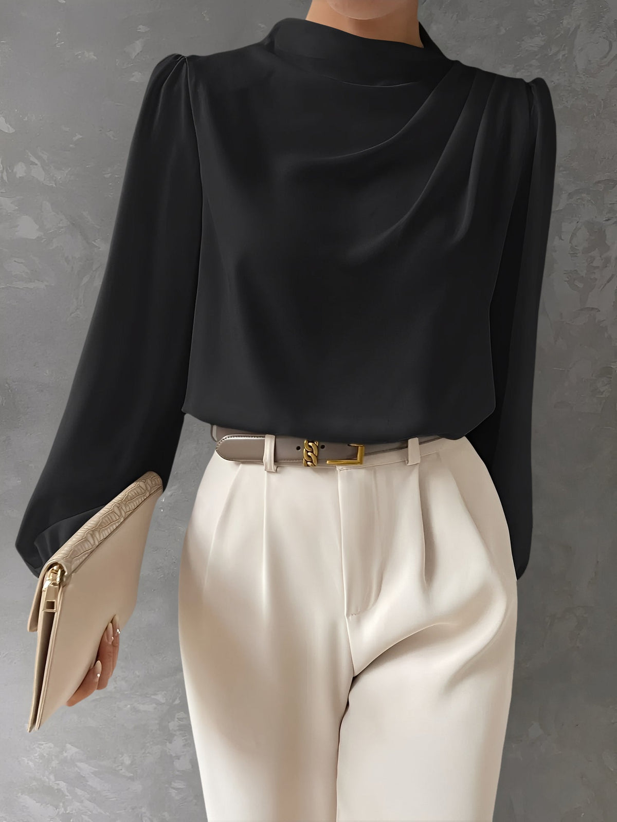 Satin Mock Neck Ruched Puff Sleeves Work Blouse