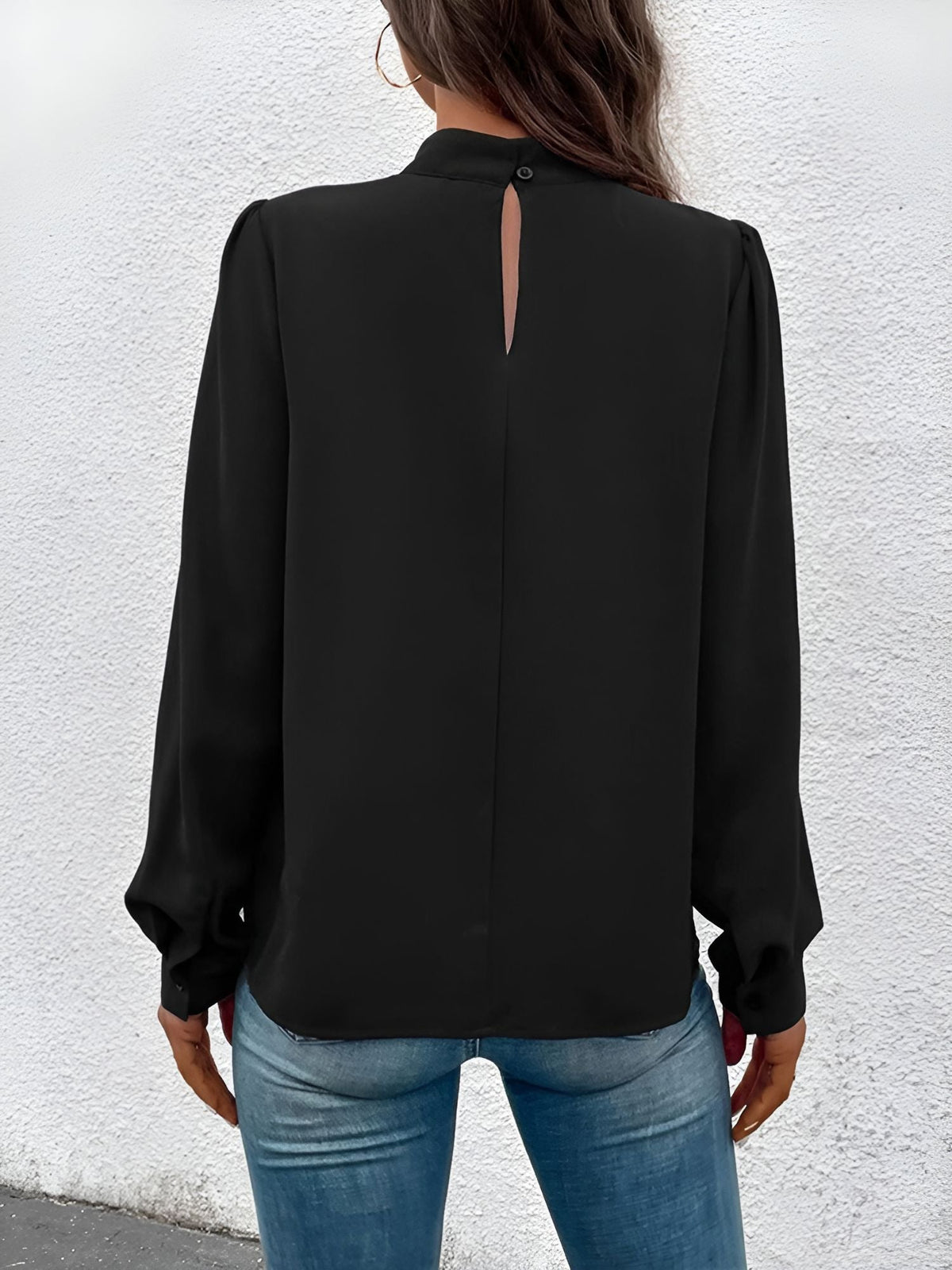 Satin Mock Neck Puff Sleeves Work Blouse