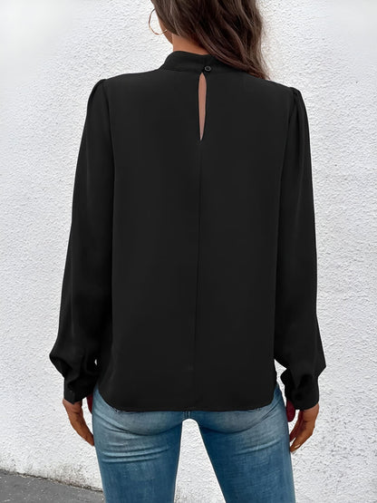 Satin Mock Neck Puff Sleeves Work Blouse