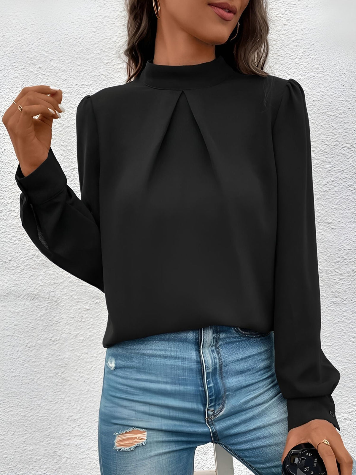 Satin Mock Neck Puff Sleeves Work Blouse