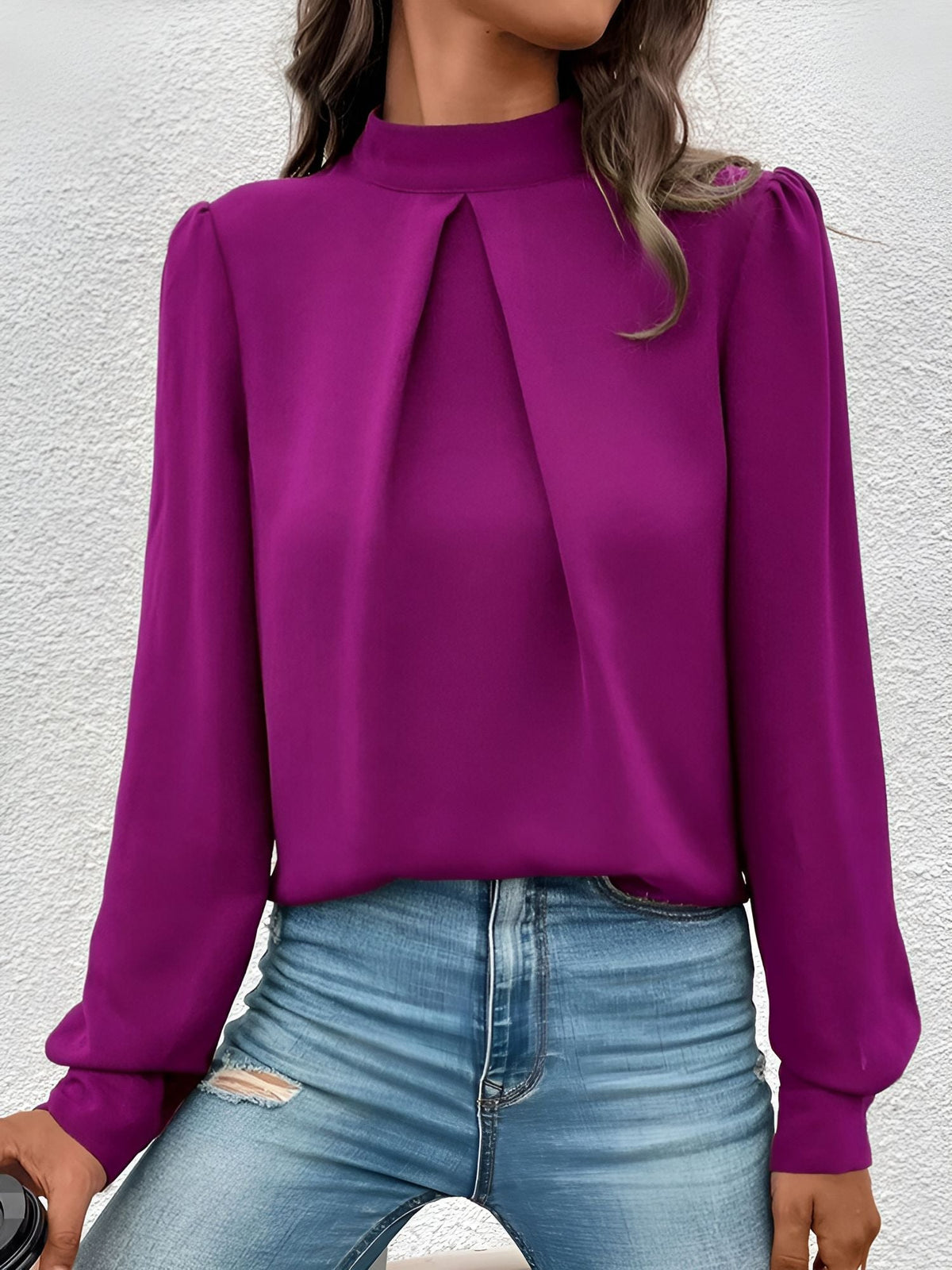 Satin Mock Neck Puff Sleeves Work Blouse