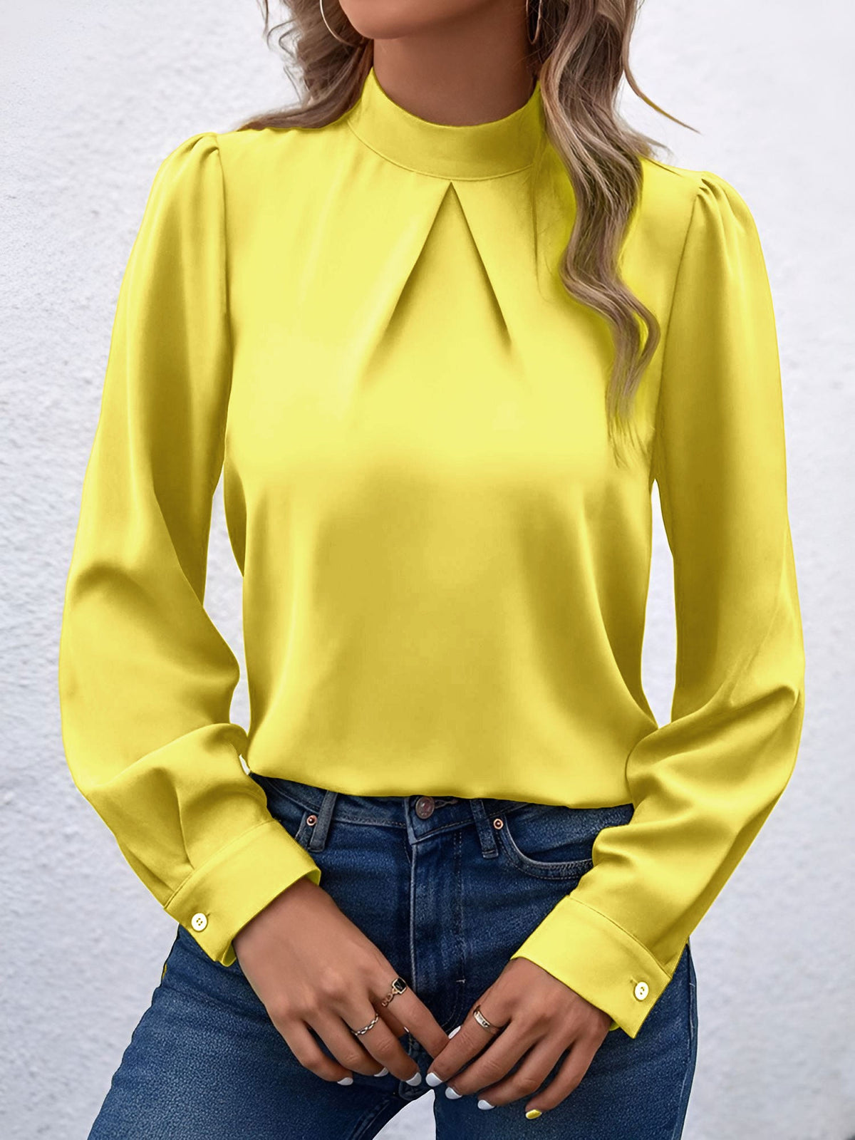 Satin Mock Neck Puff Sleeves Work Blouse