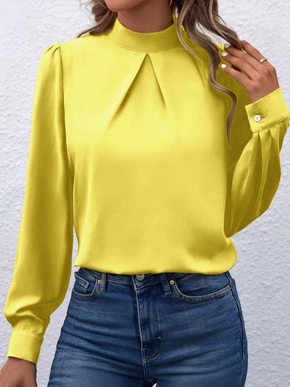Satin Mock Neck Puff Sleeves Work Blouse