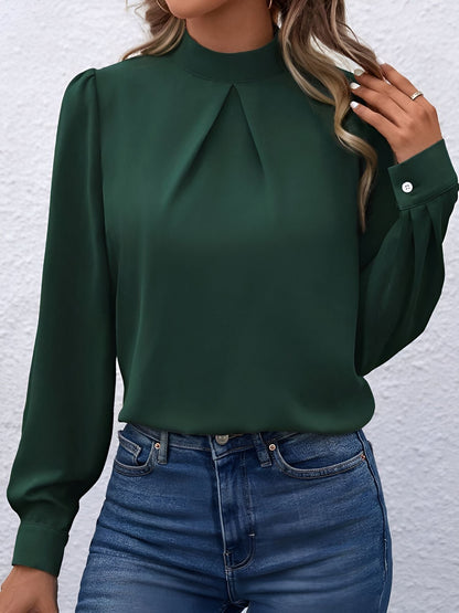 Satin Mock Neck Puff Sleeves Work Blouse