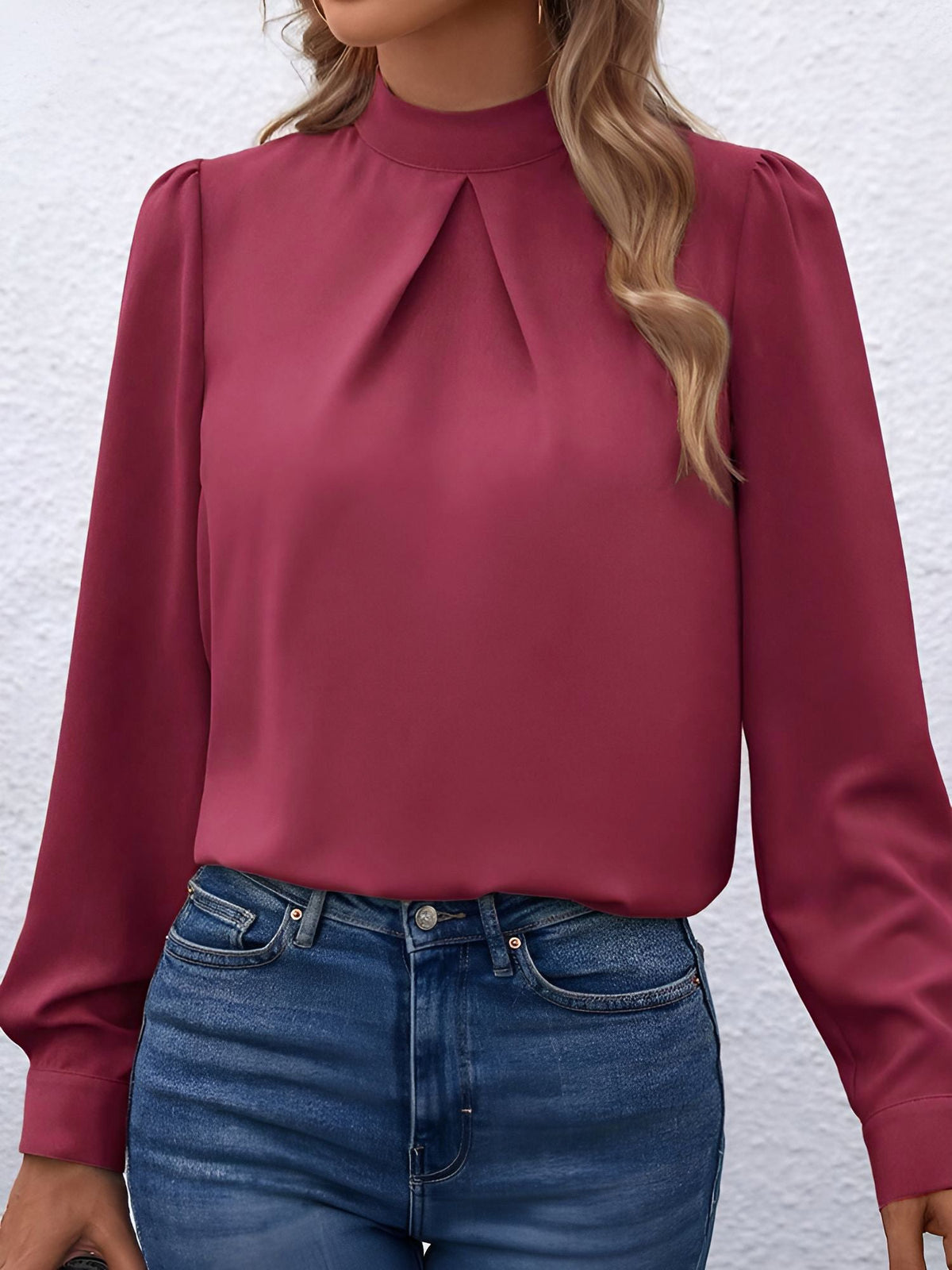 Satin Mock Neck Puff Sleeves Work Blouse