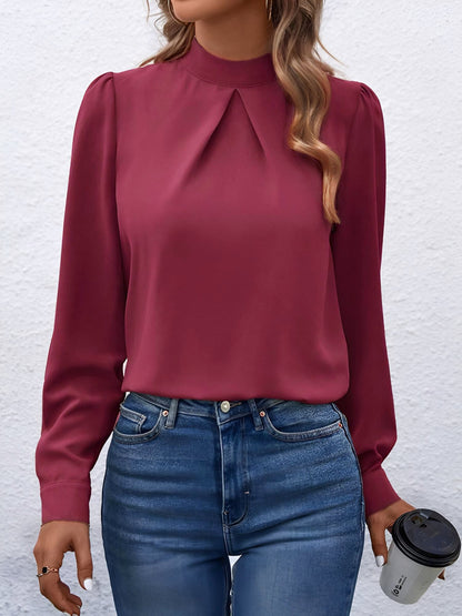 Satin Mock Neck Puff Sleeves Work Blouse