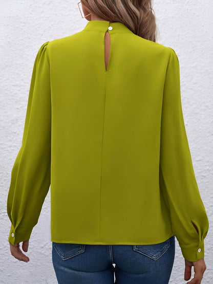 Satin Mock Neck Puff Sleeves Work Blouse