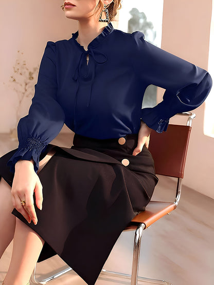 Solid Color Ruffled Neck Smocked Puff Sleeves Blouse