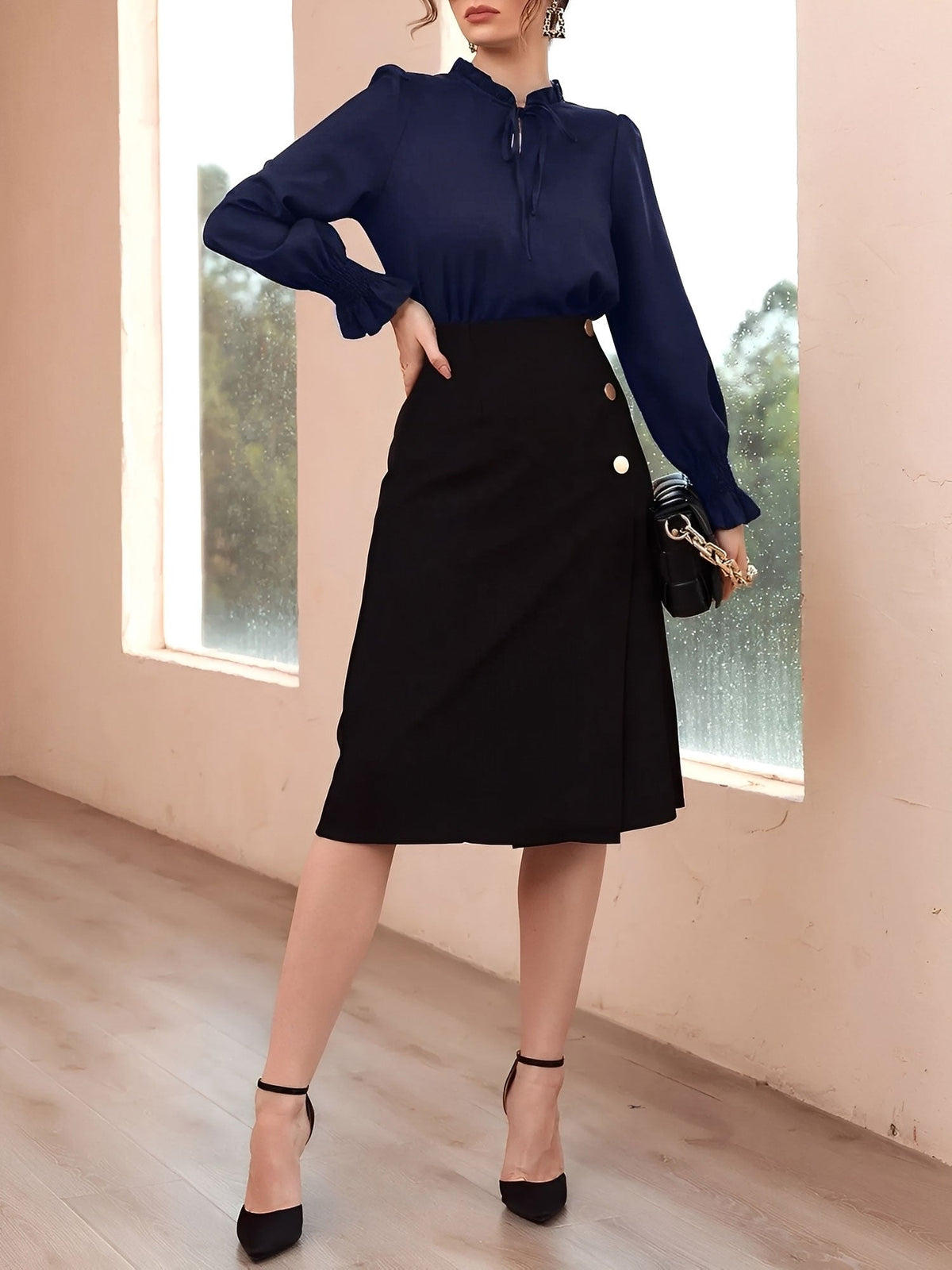 Solid Color Ruffled Neck Smocked Puff Sleeves Blouse