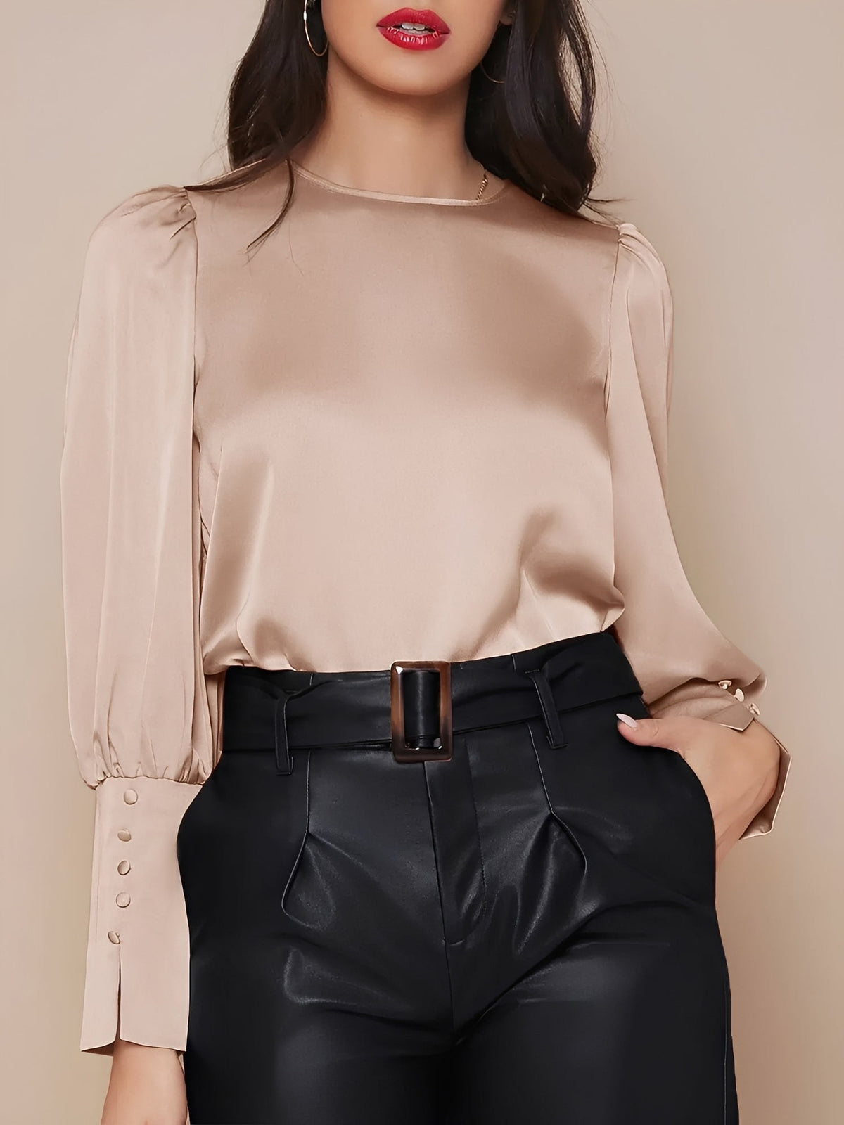 Satin Crew Neck Bishop Sleeves Work Blouse