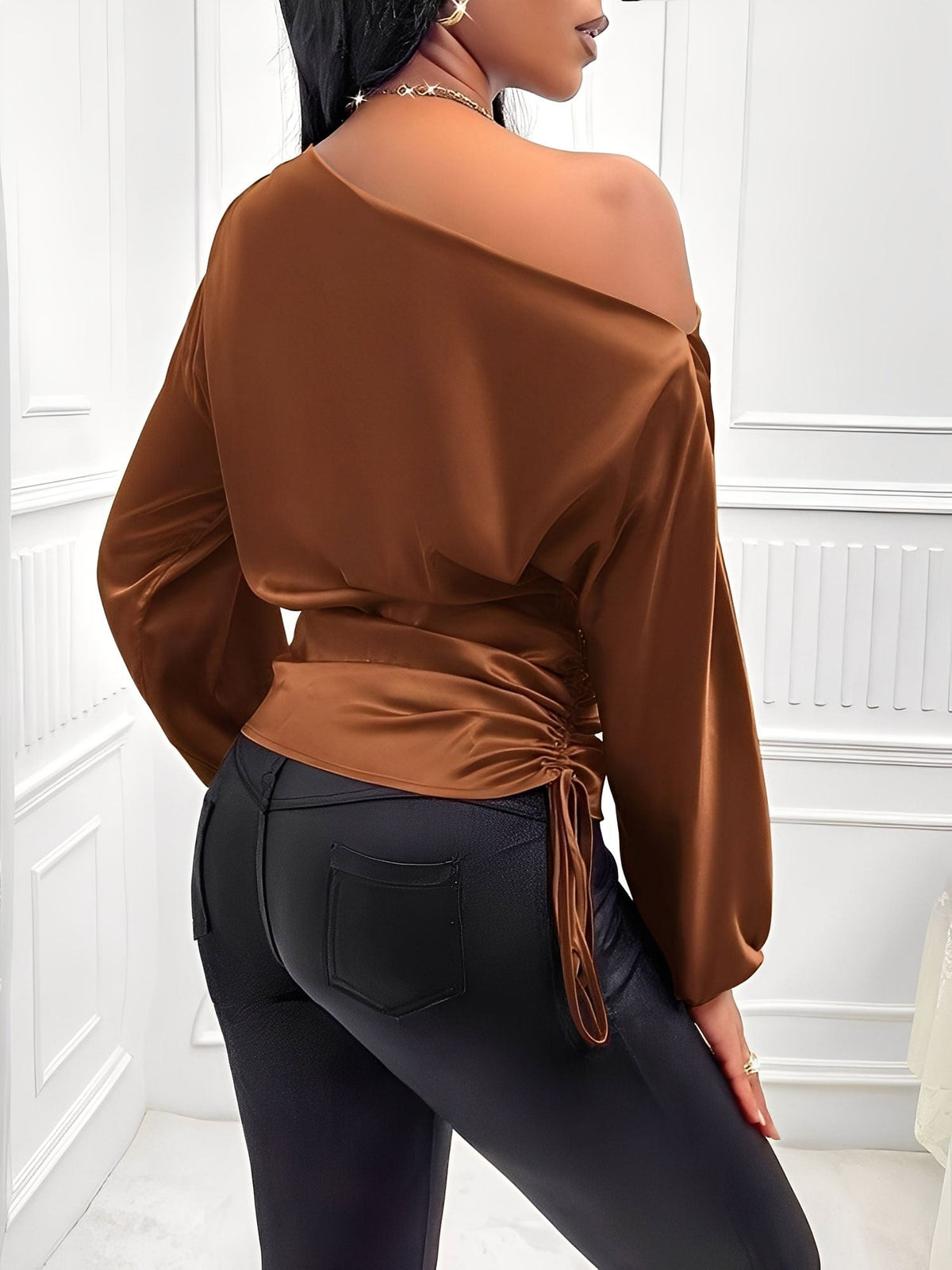 Satin One Shoulder Puff Sleeves Ruched Blouse