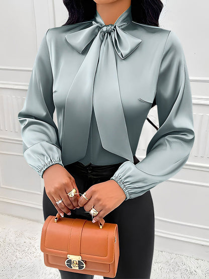 Satin Solid Color Bow-Tie Long Sleeve Blouse