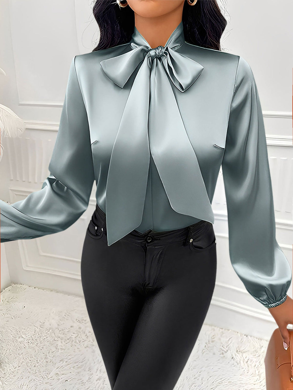 Satin Solid Color Bow-Tie Long Sleeve Blouse