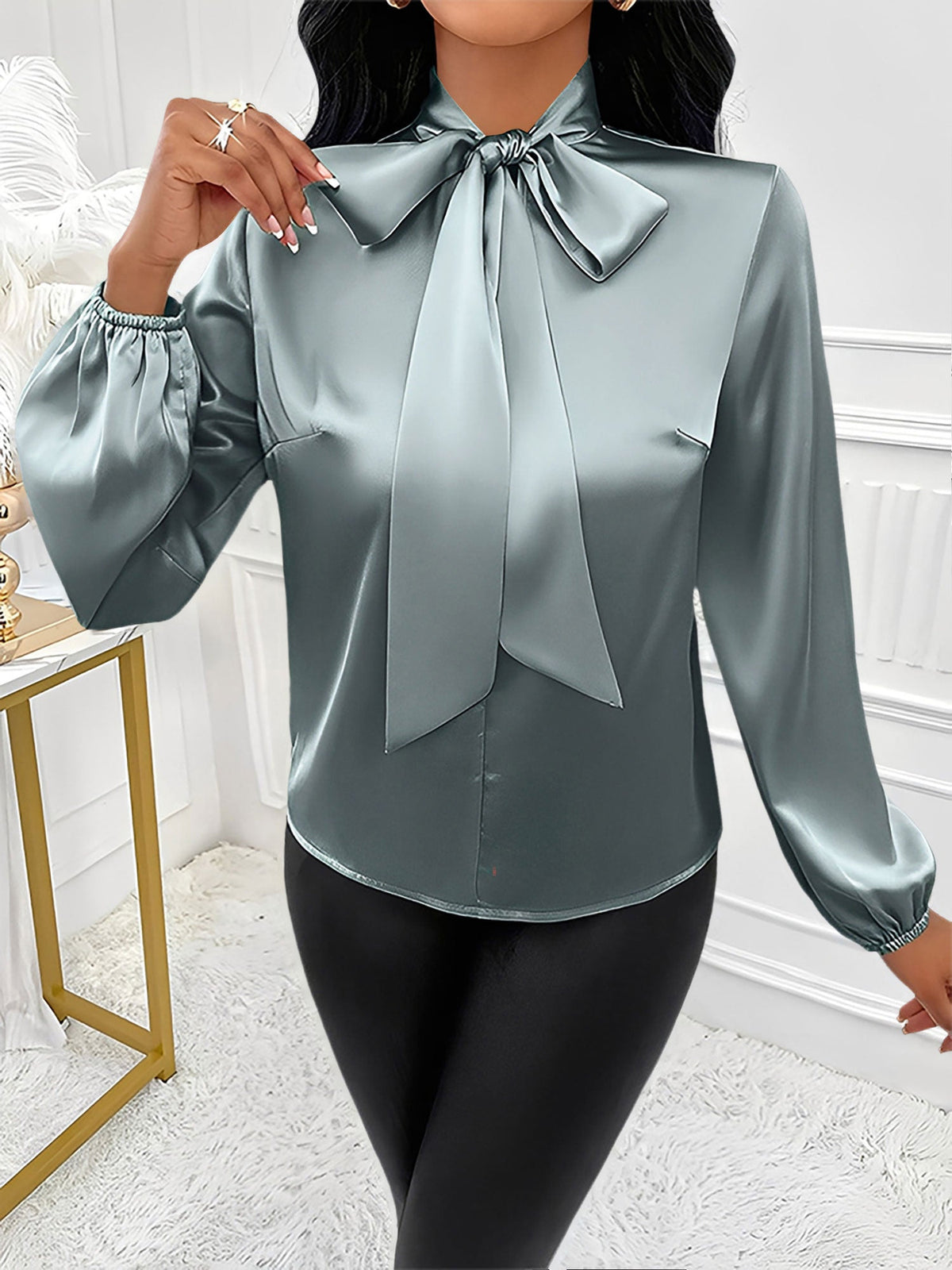 Satin Solid Color Bow-Tie Long Sleeve Blouse