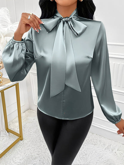 Satin Solid Color Bow-Tie Long Sleeve Blouse