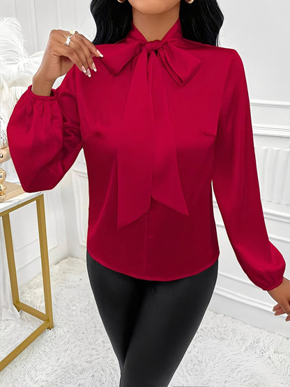 Satin Solid Color Bow-Tie Long Sleeve Blouse
