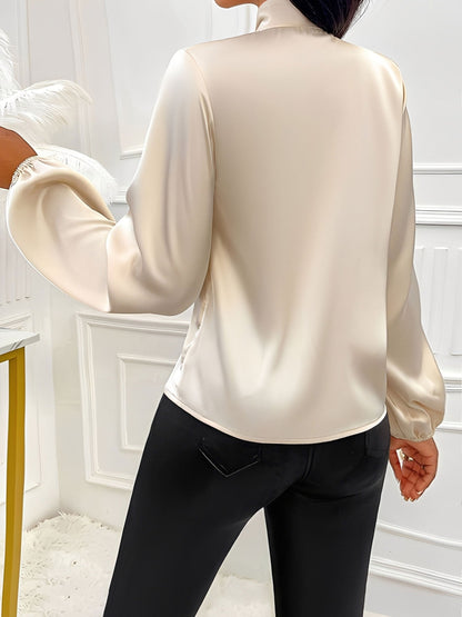 Satin Solid Color Bow-Tie Long Sleeve Blouse