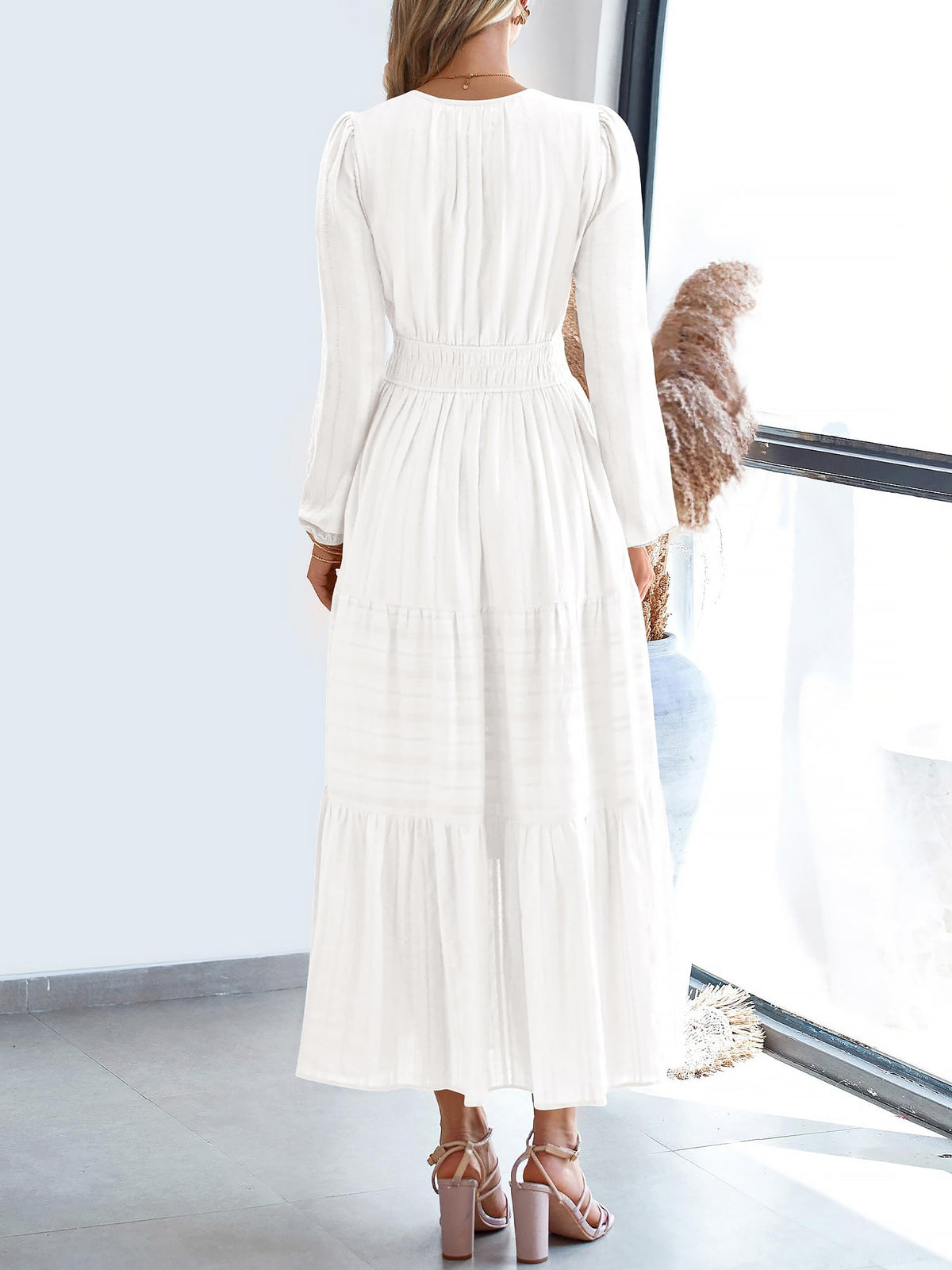 Notch Neck Puff Long Sleeves Pockets Tiered A-Line Midi Dress