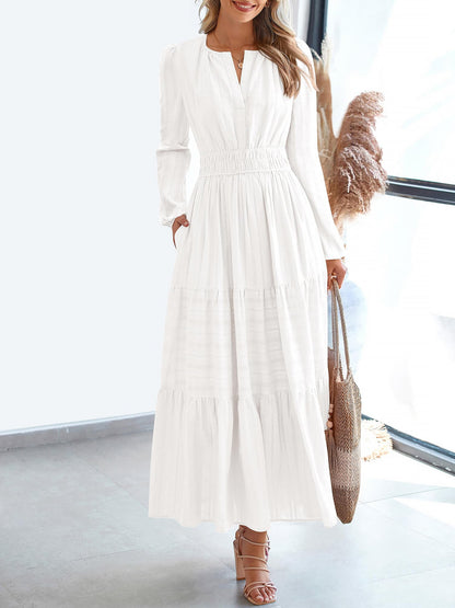 Notch Neck Puff Long Sleeves Pockets Tiered A-Line Midi Dress