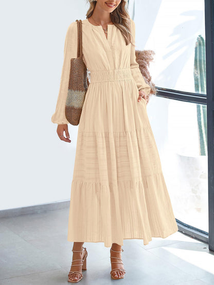 Notch Neck Puff Long Sleeves Pockets Tiered A-Line Midi Dress