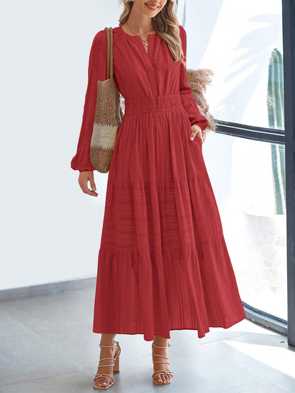 Notch Neck Puff Long Sleeves Pockets Tiered A-Line Midi Dress
