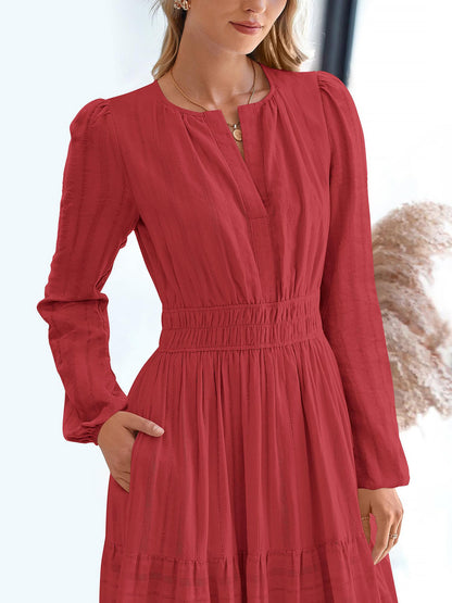 Notch Neck Puff Long Sleeves Pockets Tiered A-Line Midi Dress