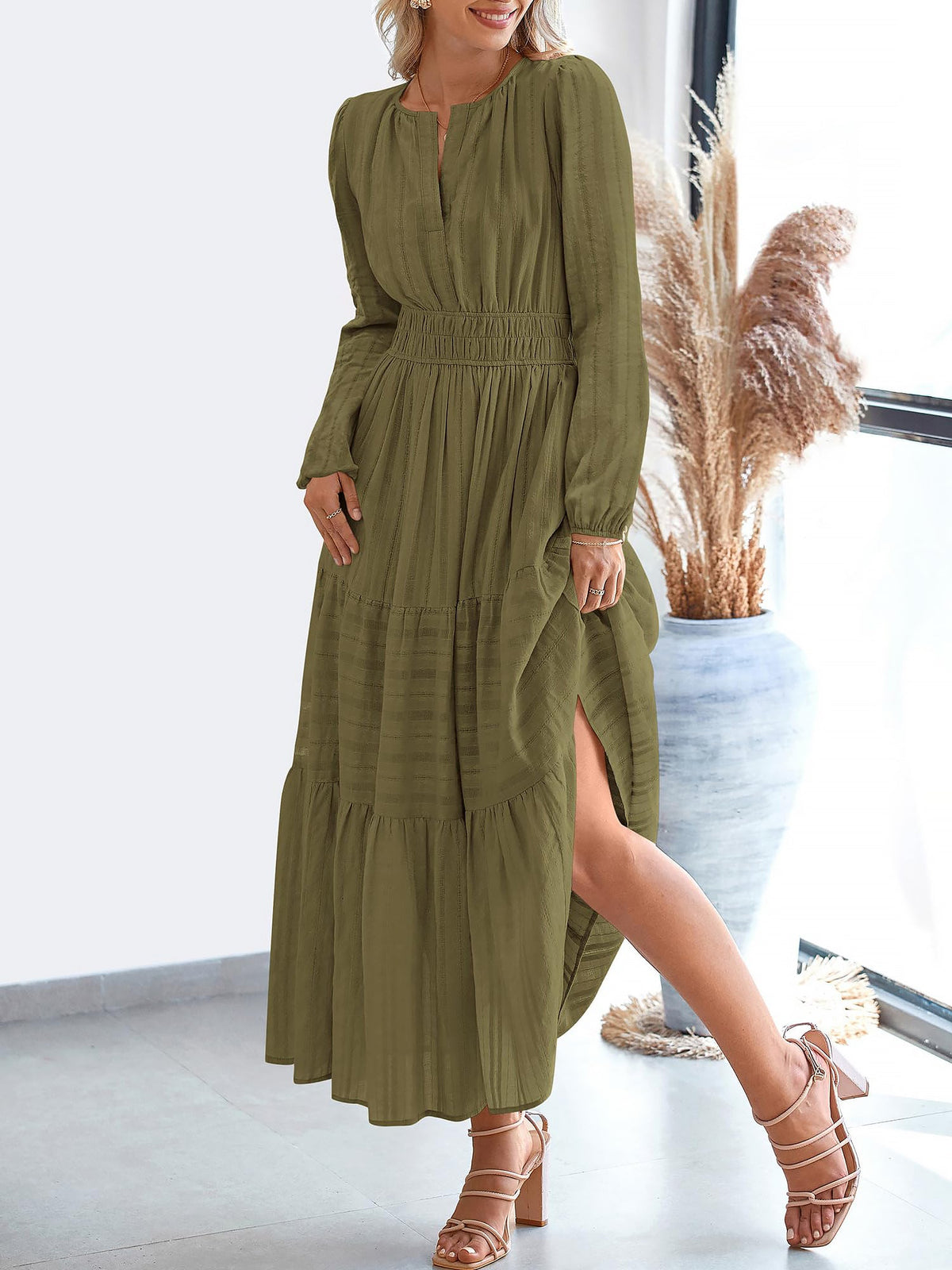 Notch Neck Puff Long Sleeves Pockets Tiered A-Line Midi Dress
